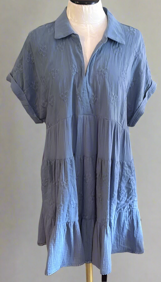 Floral Eyelet Detail Split Neck Tiered Dress